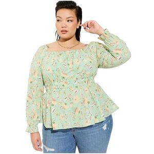 #175 Torrid NWT 3X Mint Green Top Floral Dot Long Blouson Sleeve Smocked Waist